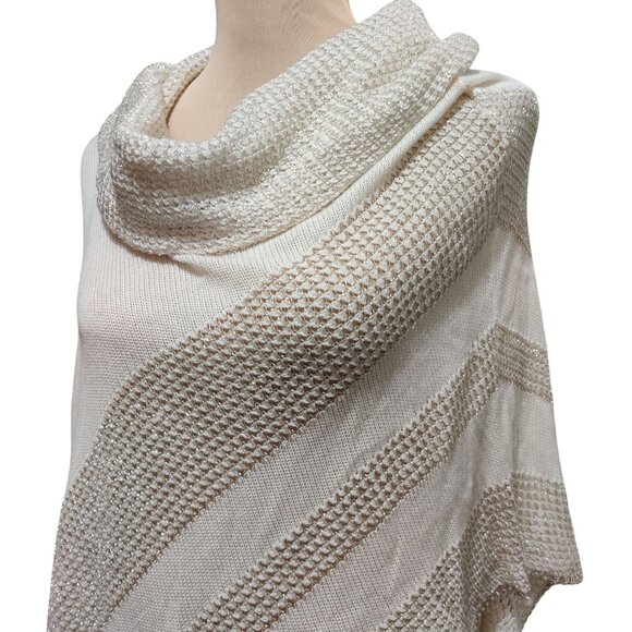 Belldini S M Ivory Metallic Knit Asymmetrical Poncho Sweater Cowl Neck Pullover - Picture 3 of 11